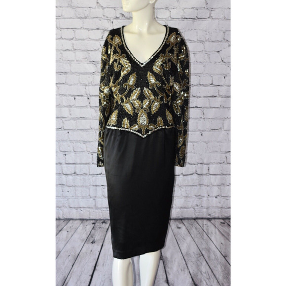BLACK TIE He-ro Industries BEADED SEQUINED EVENING FORMAL Art Deco PARTY Dress - Picture 5 of 12